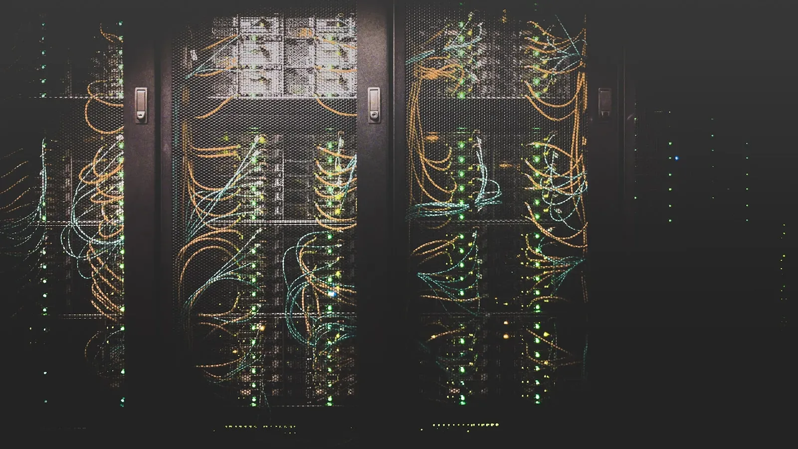 A row of server racks with glowing status lights representing VPS control panel options